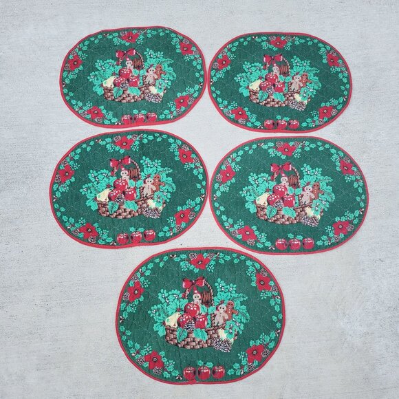 Vintage Ginger Bread Men Candy Canes Placemats Oval Green Quilted Set of 5 - Picture 10 of 11